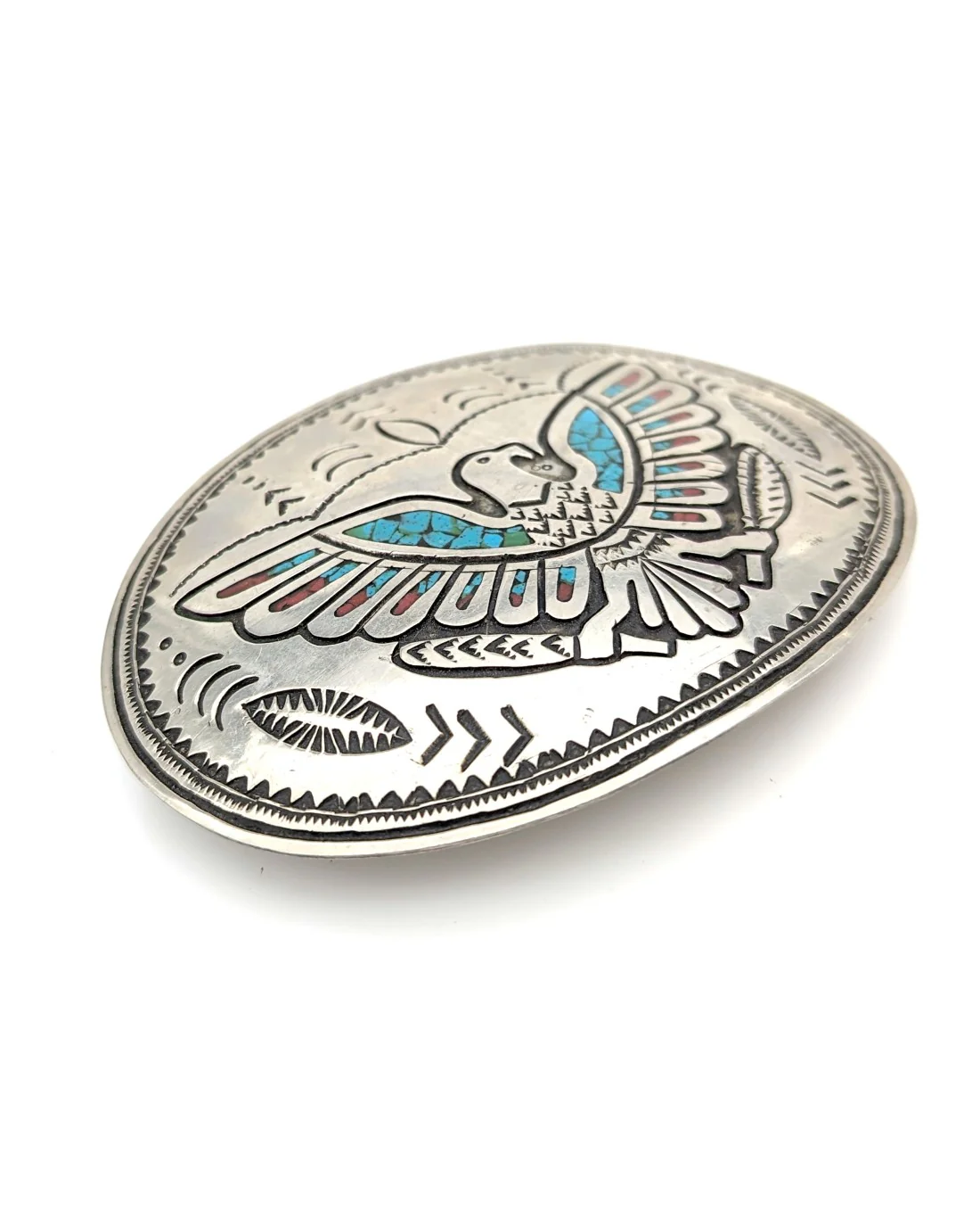 Navajo Turquoise & Coral Chip Inlay Eagle Buckle - Image 2