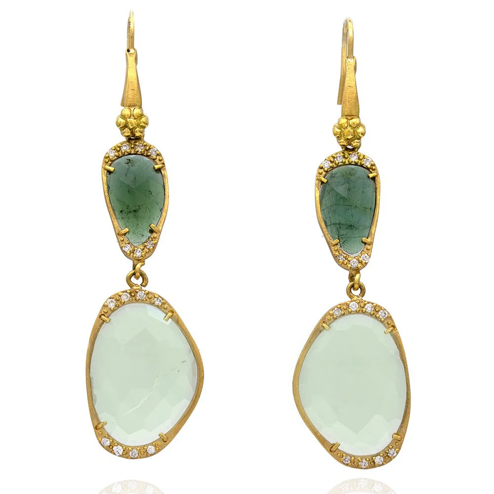 Nouveau 1910 14ky Green Tourmaline, Green Amethyst and Diamond Earrings