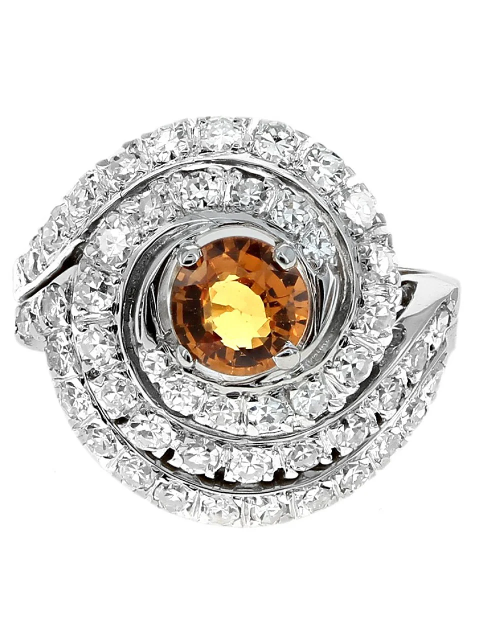 Orange Sapphire and Diamond Swirl Split Shank Ring in White and Yellow Gold - Image 2