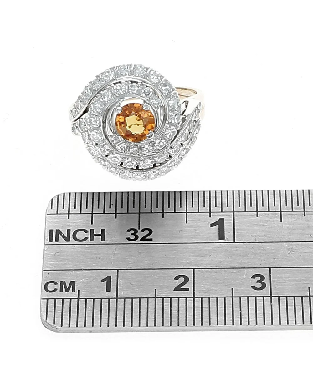 Orange Sapphire and Diamond Swirl Split Shank Ring in White and Yellow Gold - Image 3