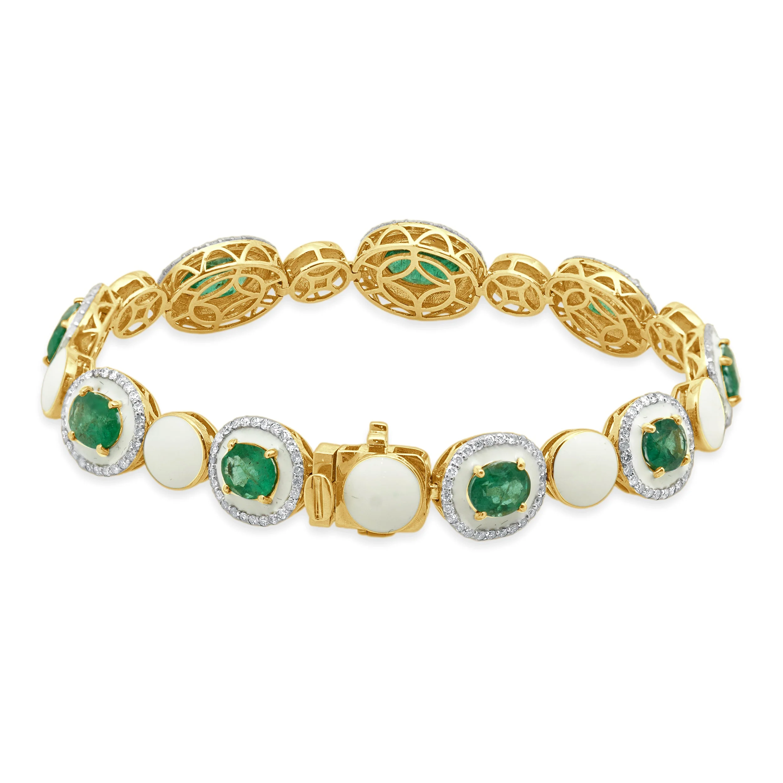 Oscar Friedman 14 Karat Yellow Gold Enamel, Emerald, and Diamond Station Bracelet - Image 2