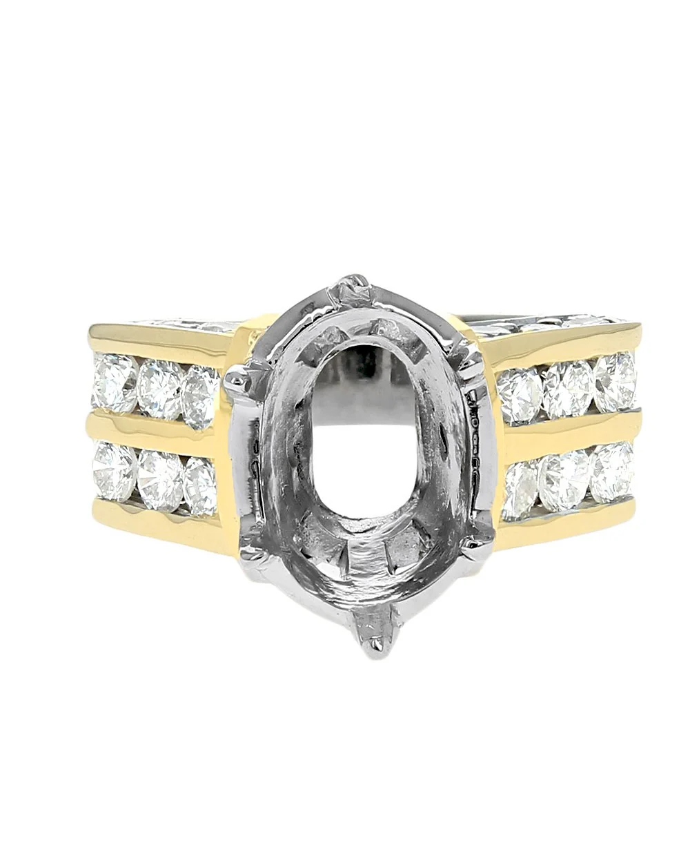 Oval Center Two Row Diamond Square Shank Mounting in White and Yellow Gold - Image 2
