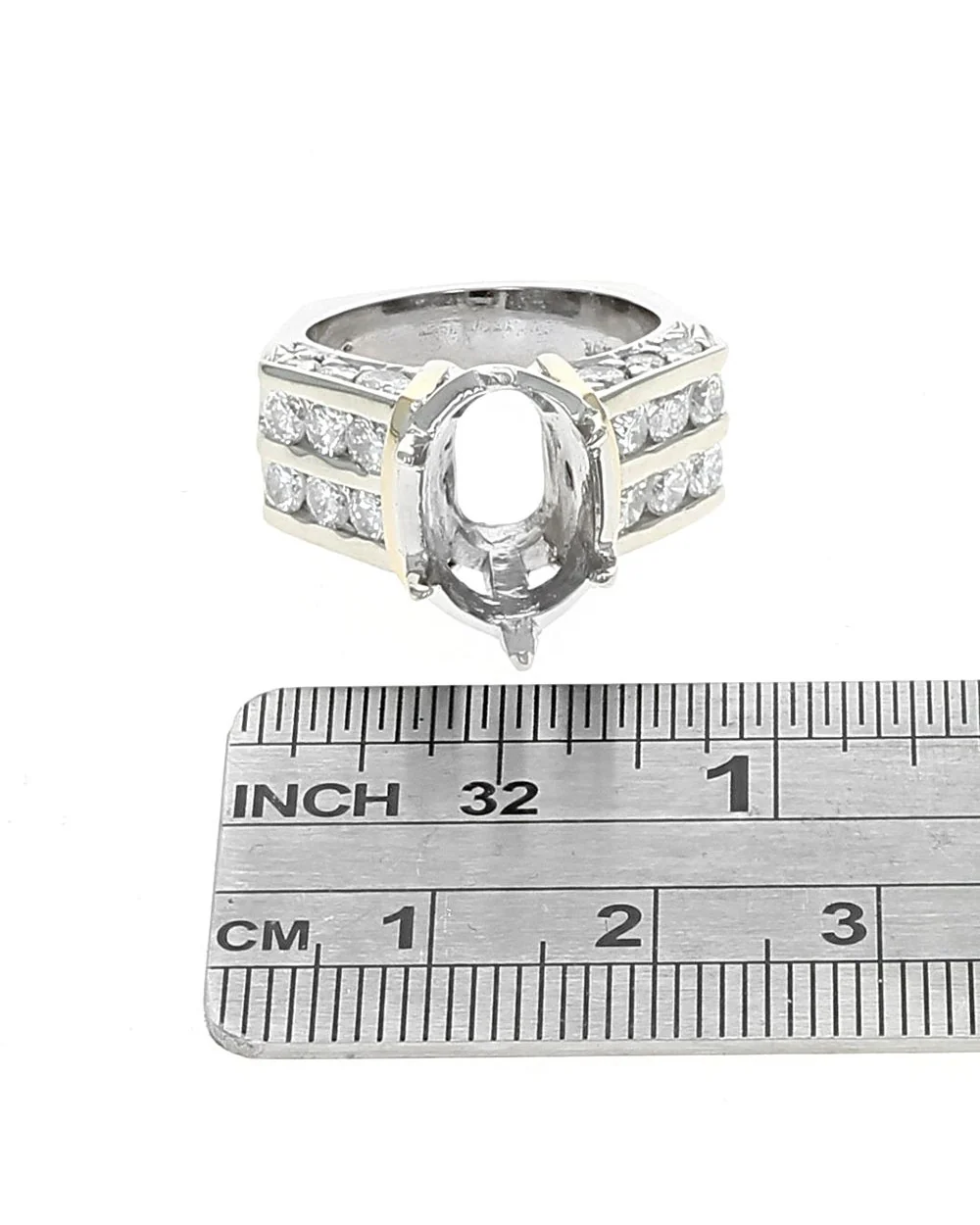 Oval Center Two Row Diamond Square Shank Mounting in White and Yellow Gold - Image 3
