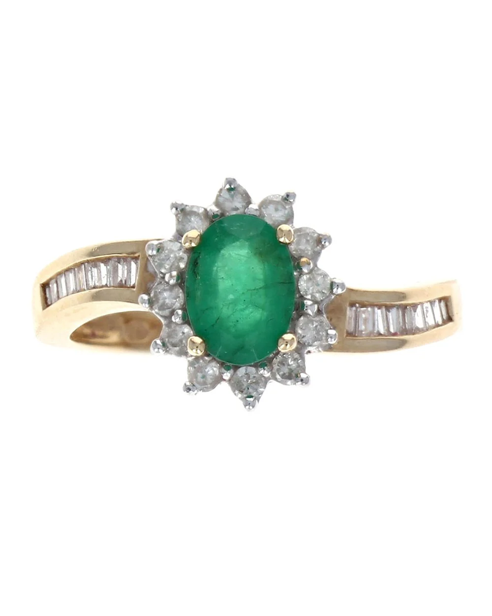 Oval Emerald and Diamond Halo Accent Ring in White and Yellow Gold - Image 2
