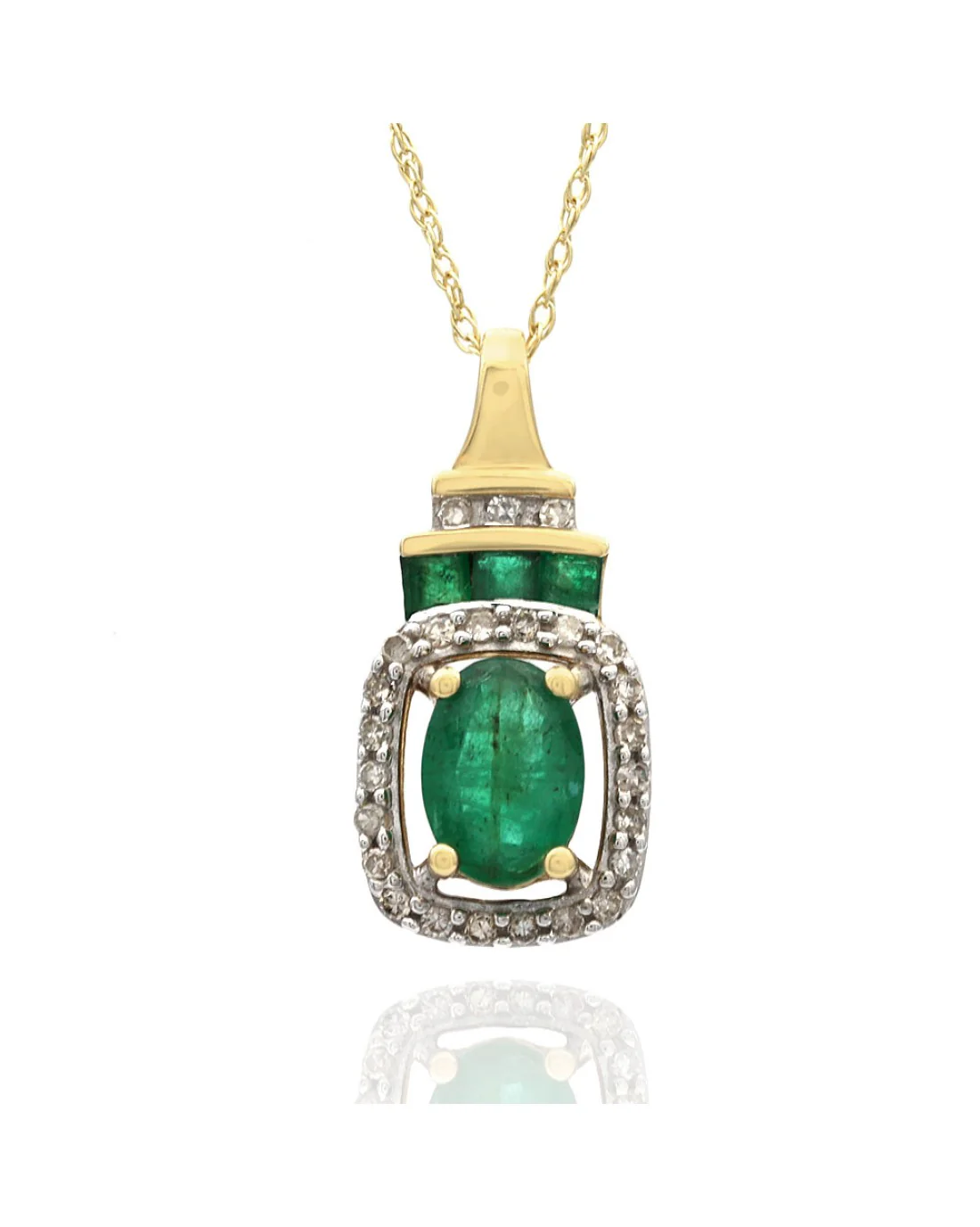 Oval Emerald & Diamond Square Halo Necklace in Yellow Gold