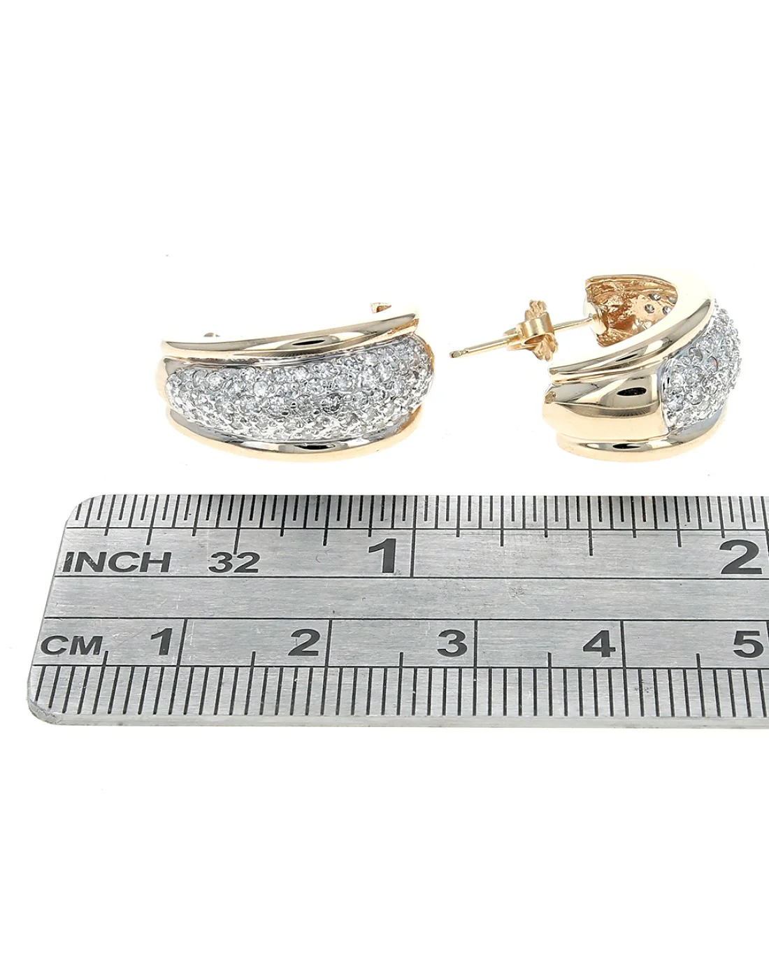 Pave Diamond J Curve Earrings in White and Yellow Gold - Image 3