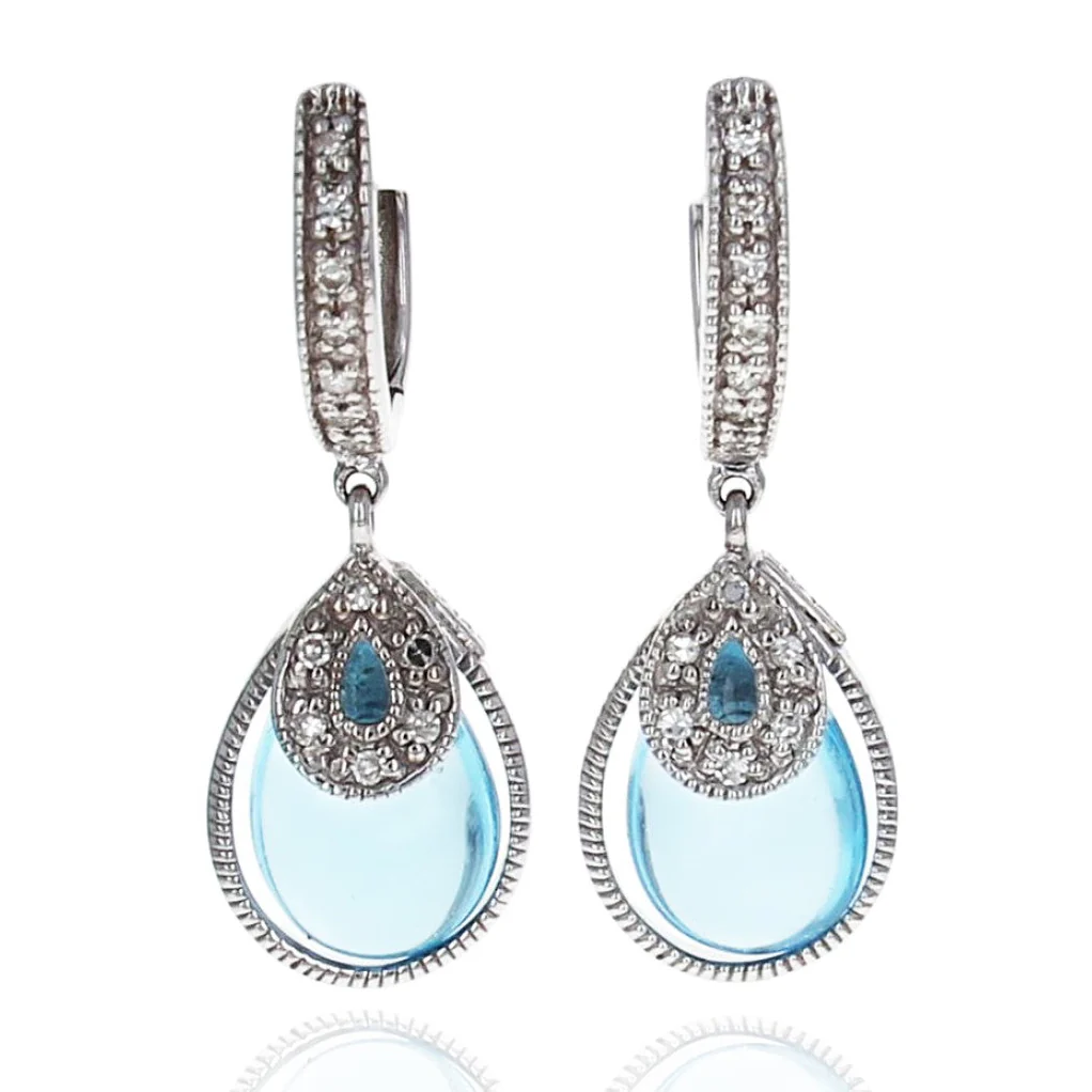 14K White Gold Pear Shaped Blue Topaz Cabochon and Diamond Drop Earrings