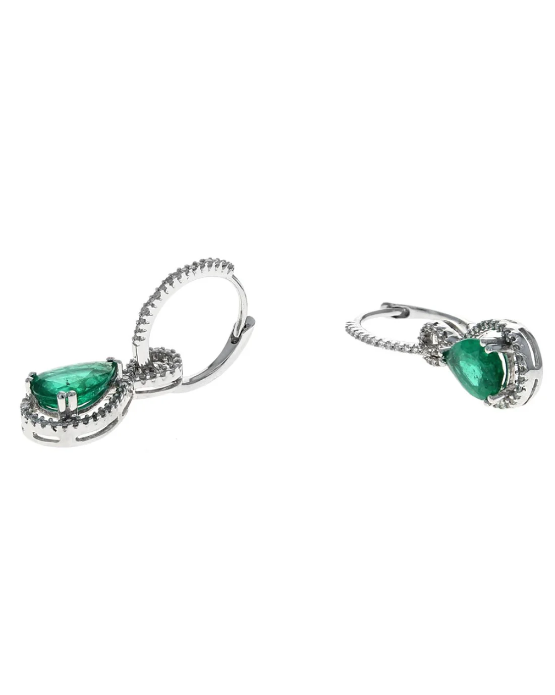 Pear Shaped Emerald and Diamond Halo Drop Earrings - Image 2