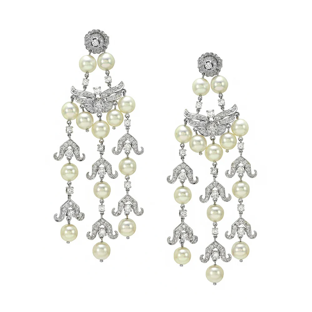 Pearl and Pave Diamond Chandelier Earrings in Gold