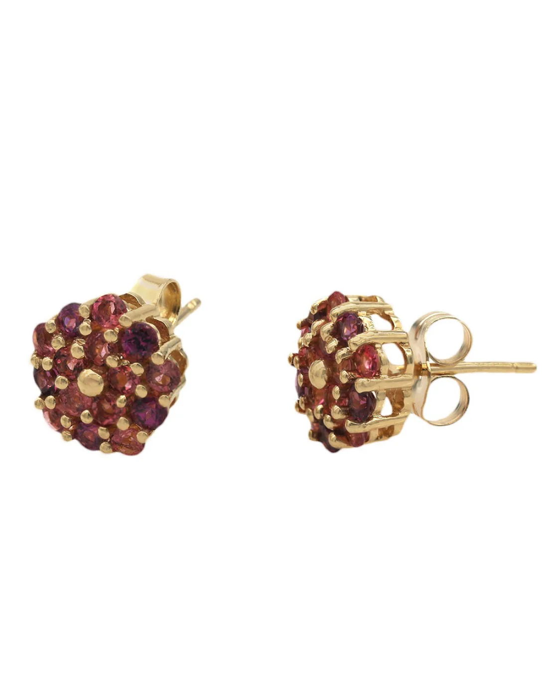 Pink Tourmaline and Rhodolite Garnet Round Cluster Stud Earrings in Yellow Gold - Image 2