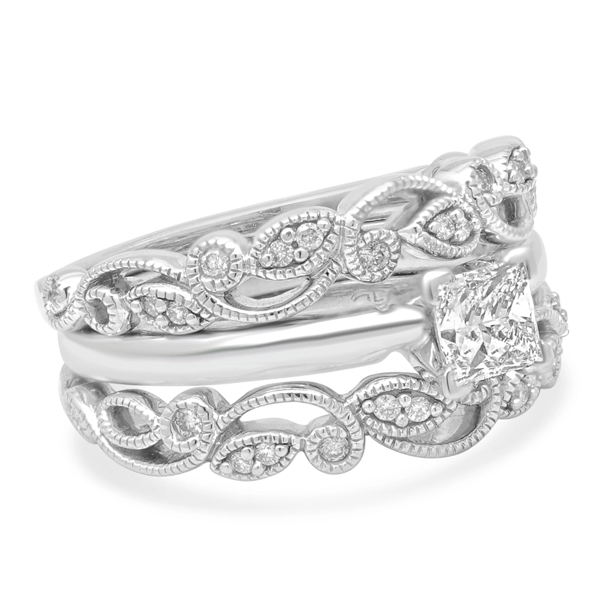 Platinum and 14 Karat White Gold Princess Cut and Round Diamond Scroll Milgrain Wedding Set - Image 2