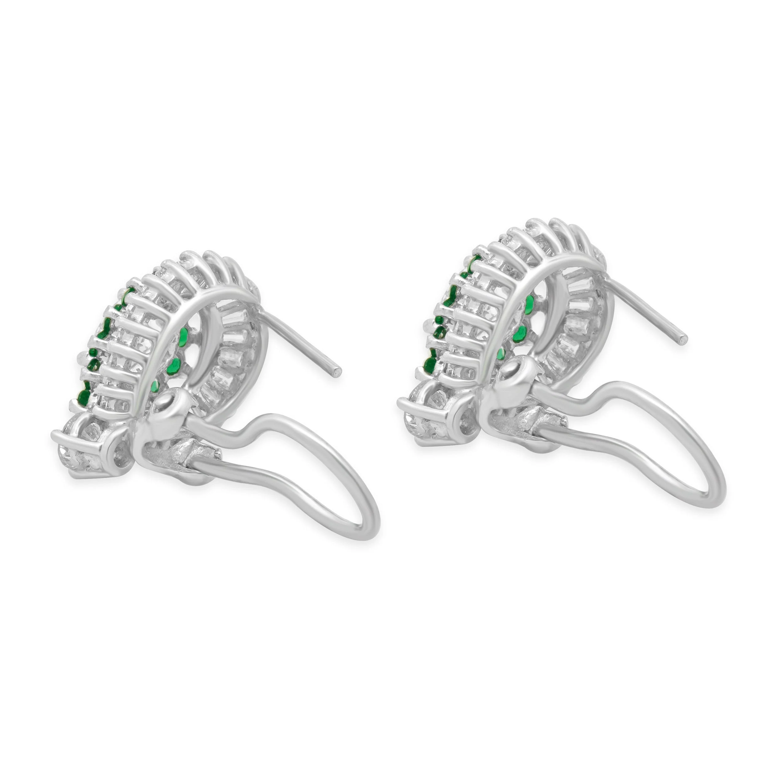 Platinum and 14K White Gold Mixed Cut Diamond and Round Emerald Double Halo Earrings - Image 4