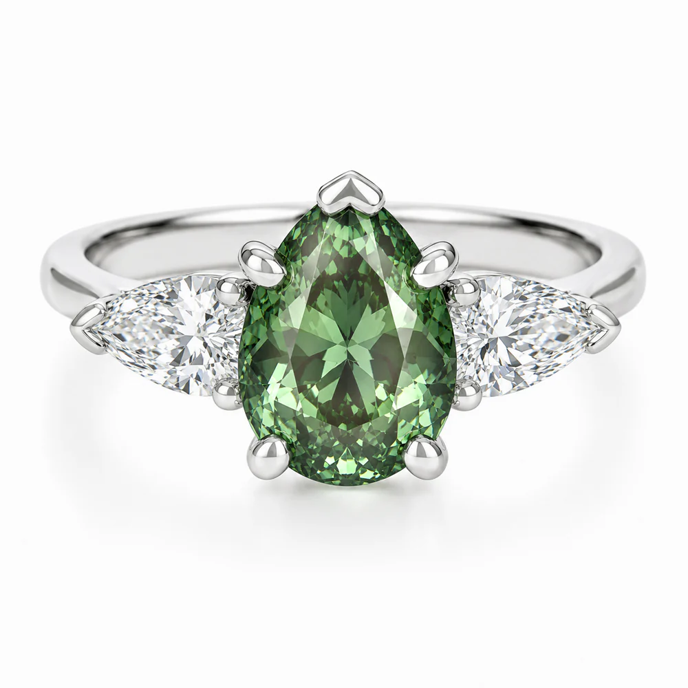 Platinum Demantoid and Diamond Three Stone Ring