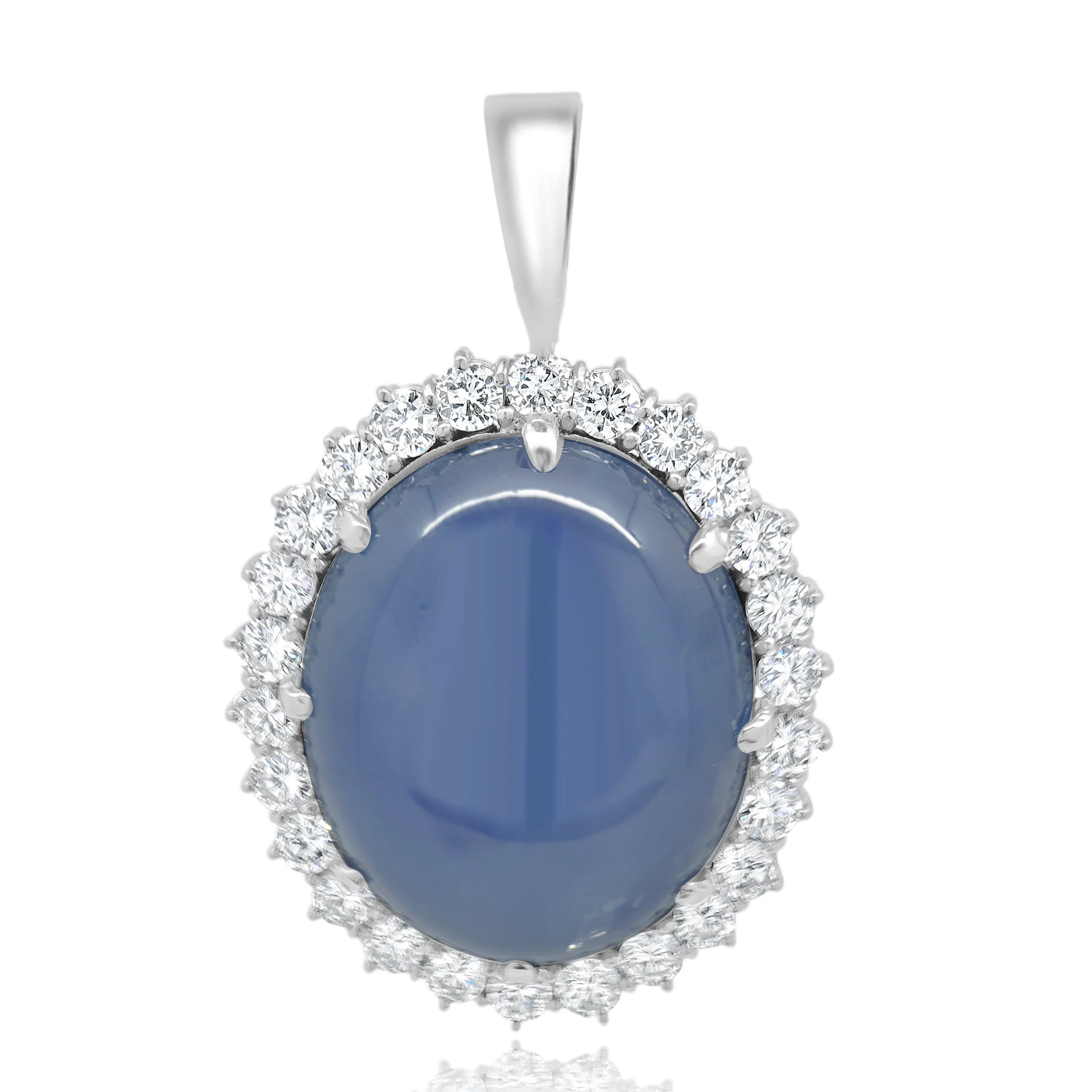 Platinum Oval Cabochon Cut Blue Star Sapphire and Round Diamond Halo Pendant