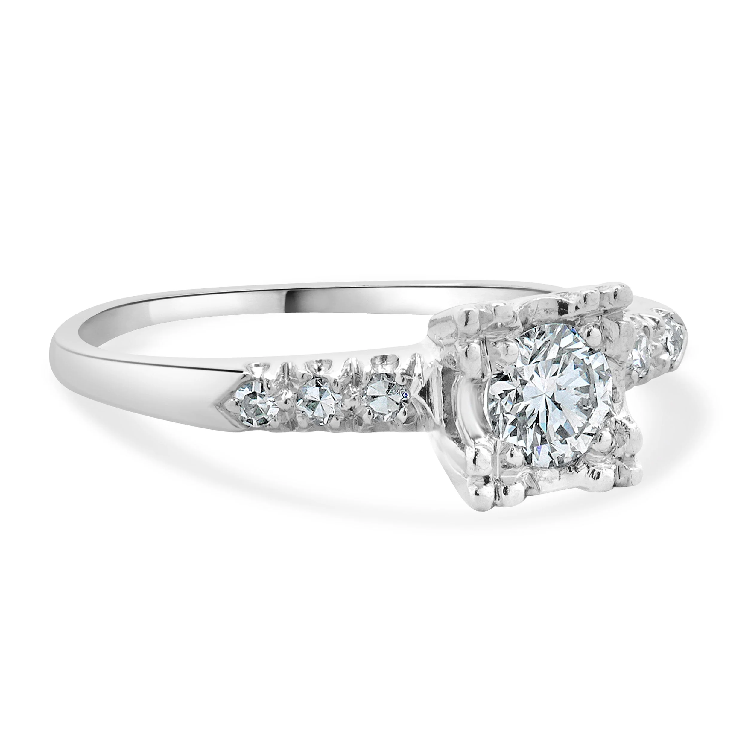 Platinum Vintage Round Brilliant Cut Diamond Engagement Ring - Image 4