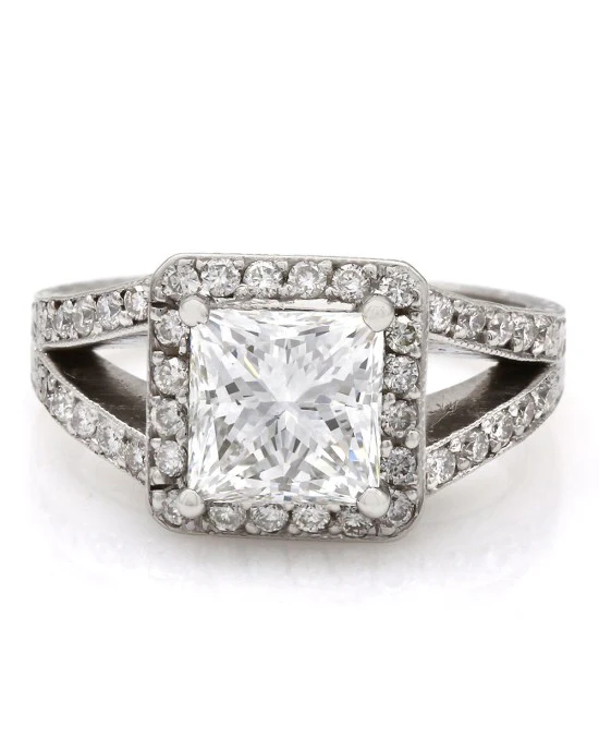 Princess Diamond Halo Ring with Gold Engraving and Filigree Details in 14KW - Image 2