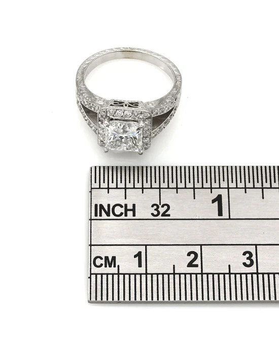 Princess Diamond Halo Ring with Gold Engraving and Filigree Details in 14KW - Image 3