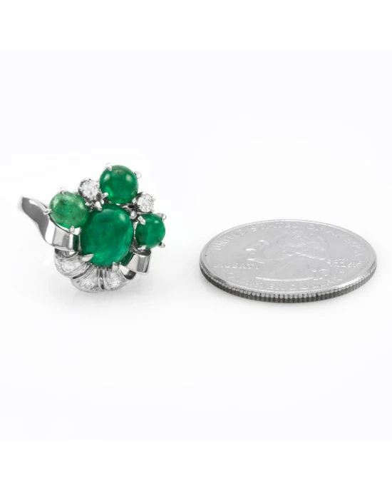 Retro 3.90ctw Emerald Cabochon & 0.18ctw Diamond Ring in Platinum - Image 7