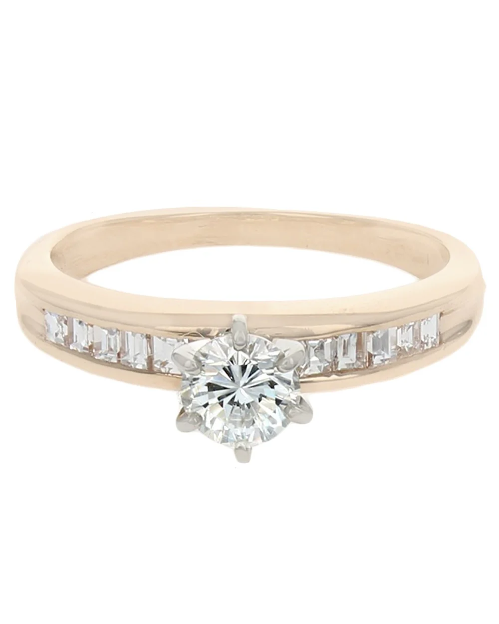 Round and Baguette Diamond Engagement Ring in White and Yellow Gold - Image 2