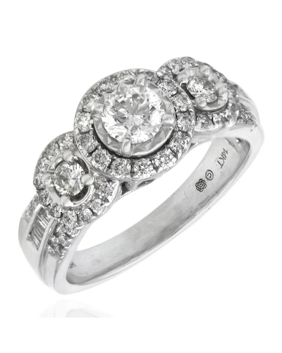 Round and Baguette Diamond Engagement Ring in White Gold