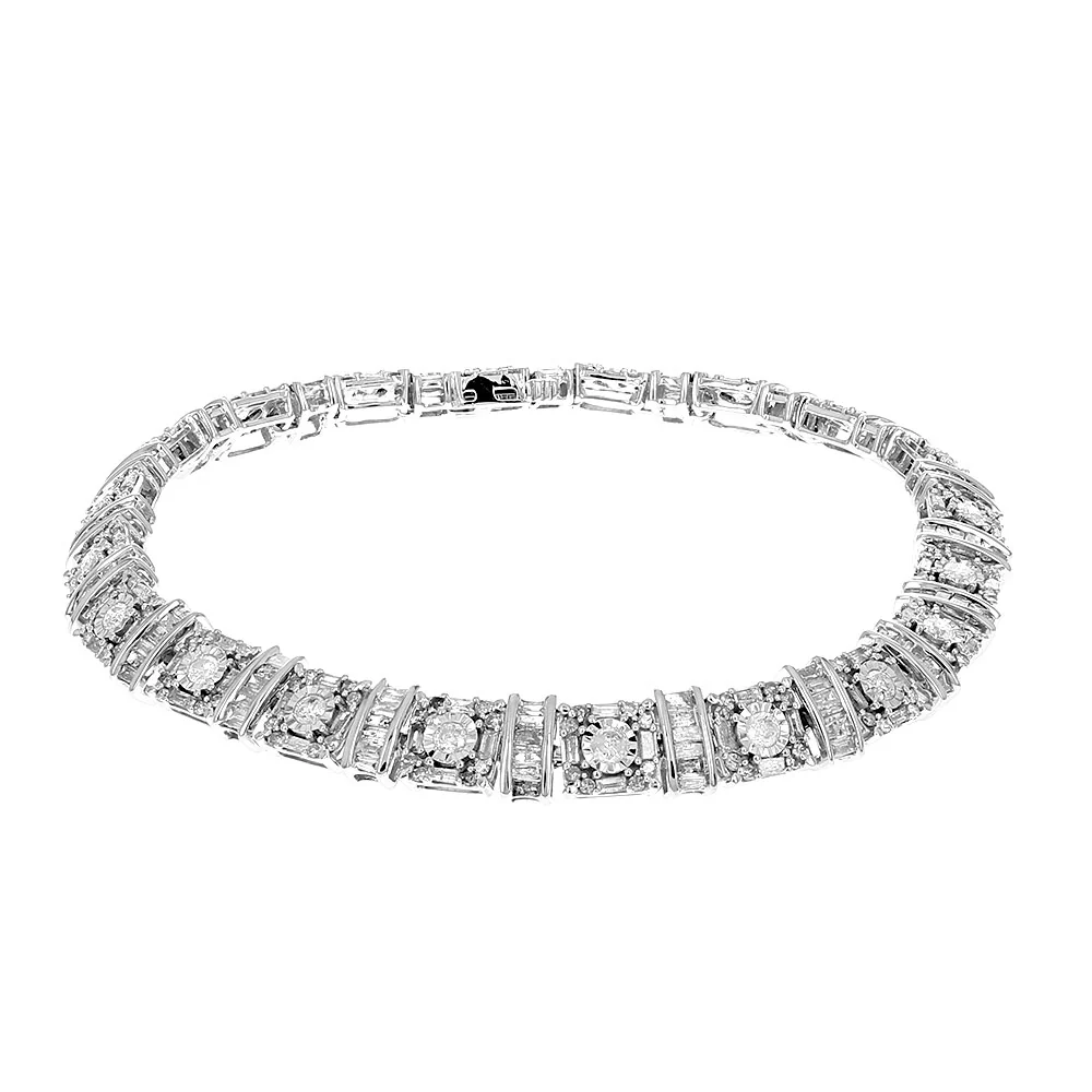 Round and Baguette Diamond Halo Link Inline Bracelet in White Gold