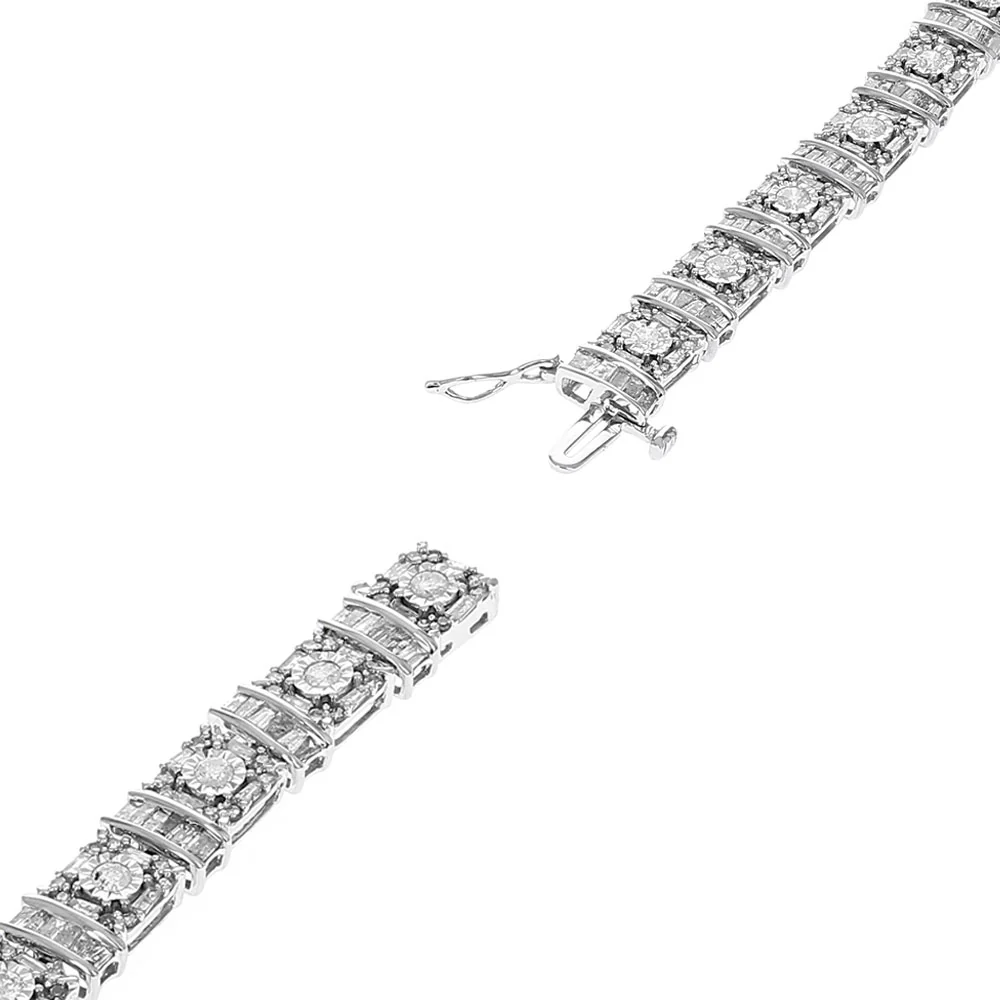 Round and Baguette Diamond Halo Link Inline Bracelet in White Gold - Image 2