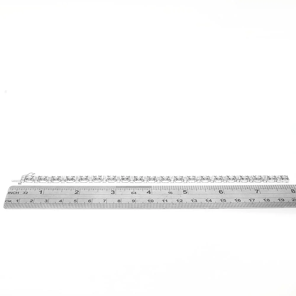 Round and Baguette Diamond Halo Link Inline Bracelet in White Gold - Image 3