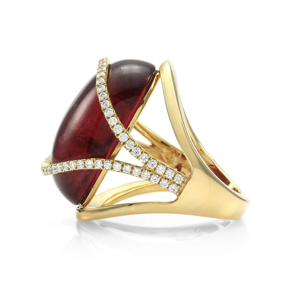 Rubellite Pink Tourmaline and Pave Diamond Ring in Gold - Image 4