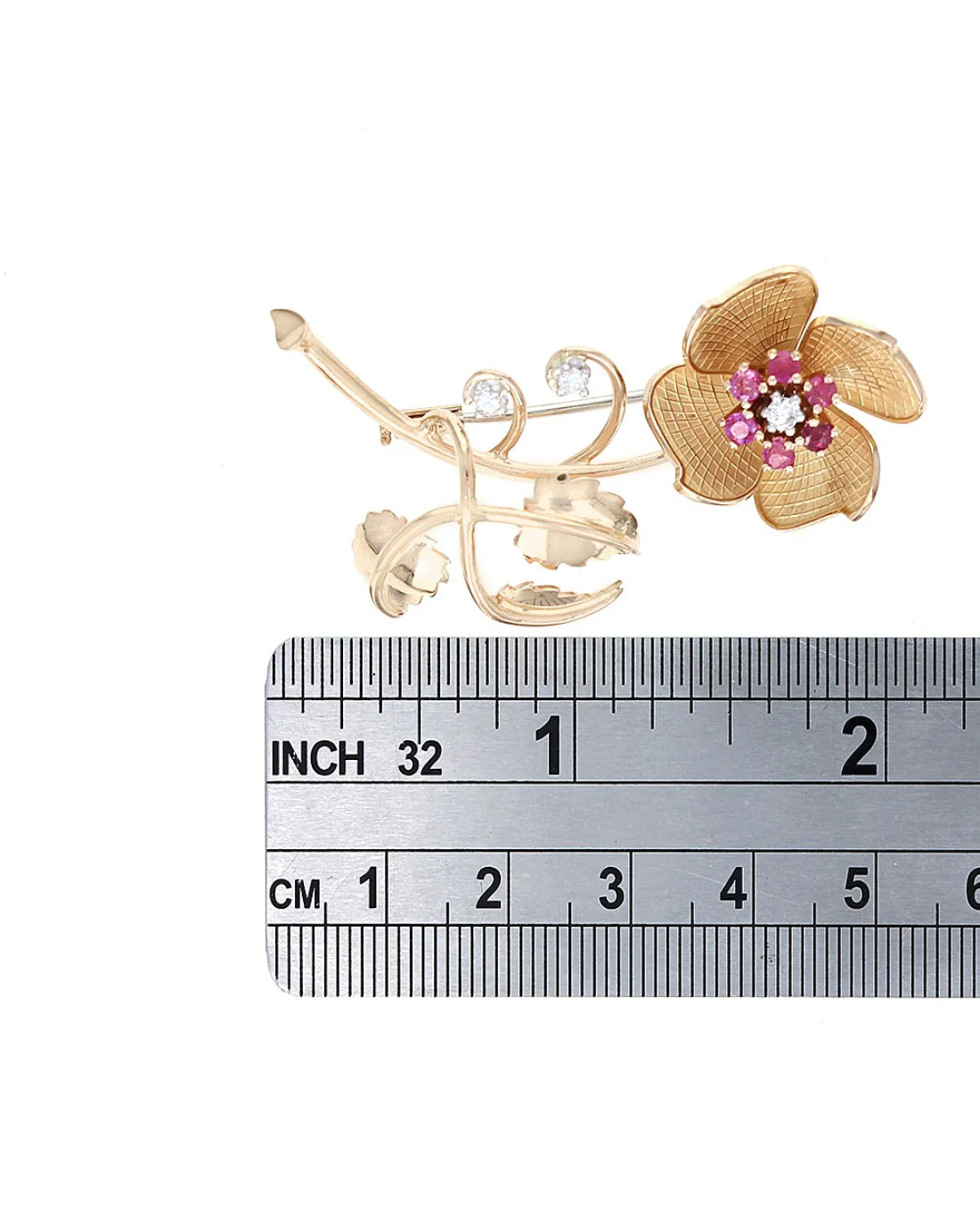 Ruby and Diamond Accent Flower Pin Brooch - Image 3