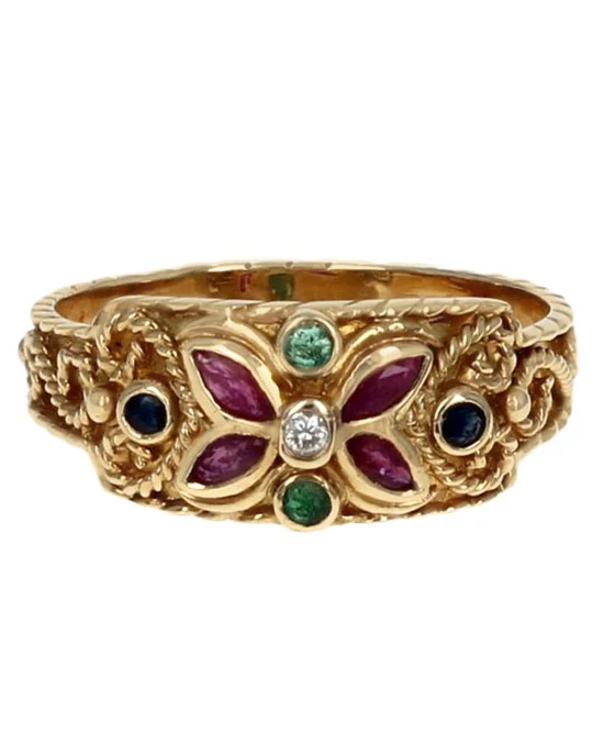 Ruby, Sapphire, Emerald and Diamond Scroll Accent Ring - Image 2