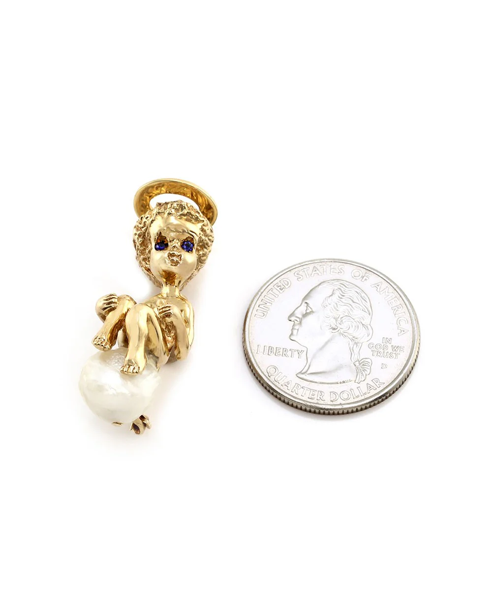 Ruser Freshwater Pearl and Sapphire Cherub with Book Pin in Yellow Gold - Image 3