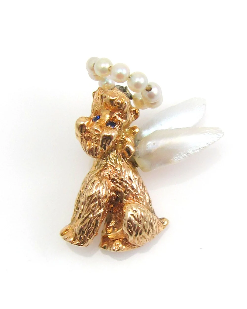 Ruser Freshwater Pearl and Sapphire Dog Cherub Pendant in Yellow Gold - Image 2
