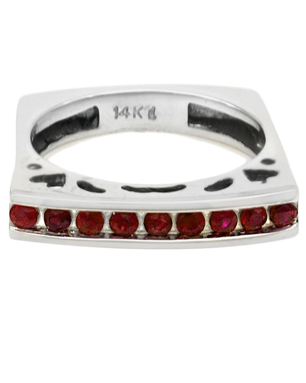 Single Row Ruby Cutout Square Shank Stackable Ring in White Gold - Image 2