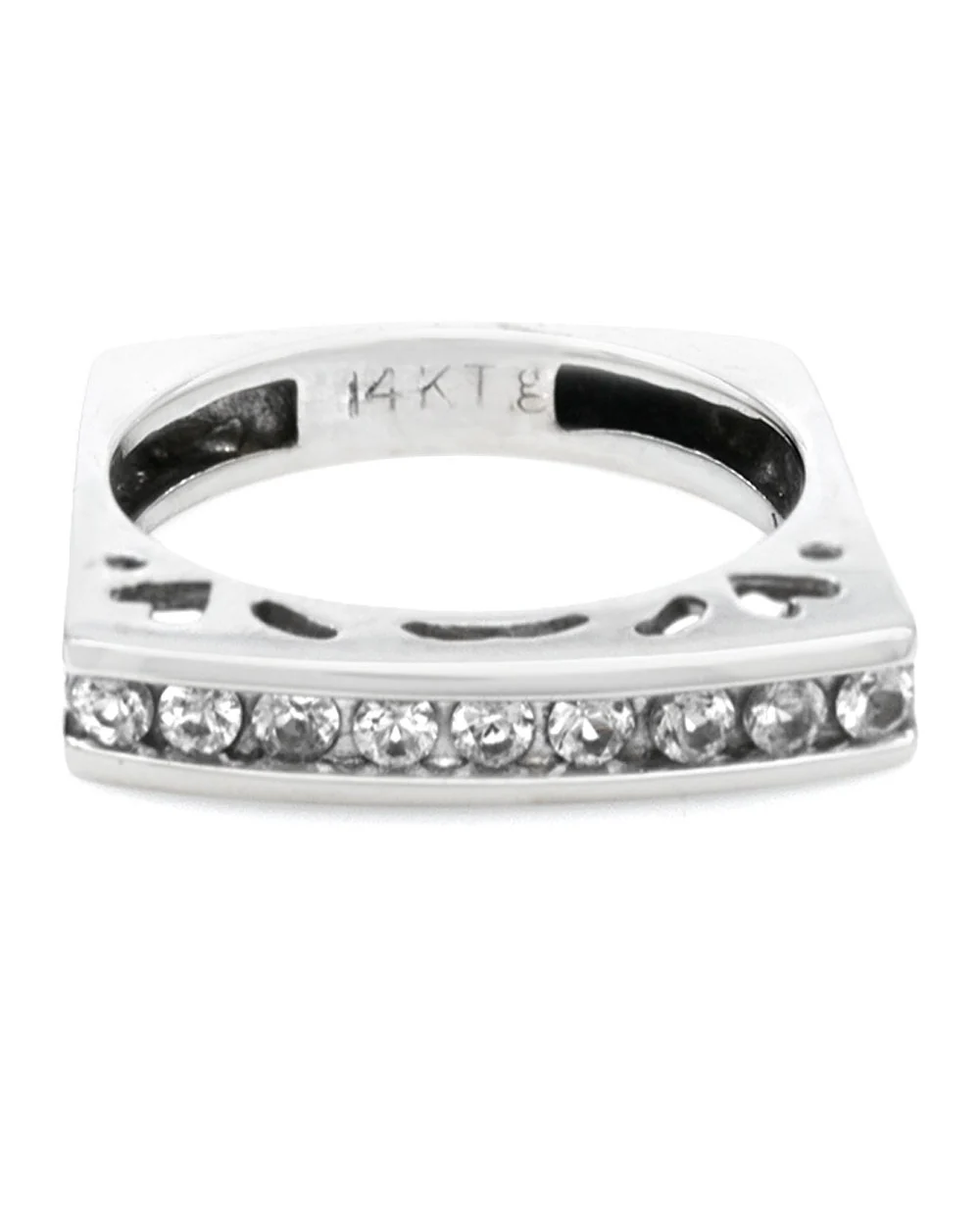 Single Row White Sapphire Cutout Square Shank Stackable Ring in White Gold - Image 2