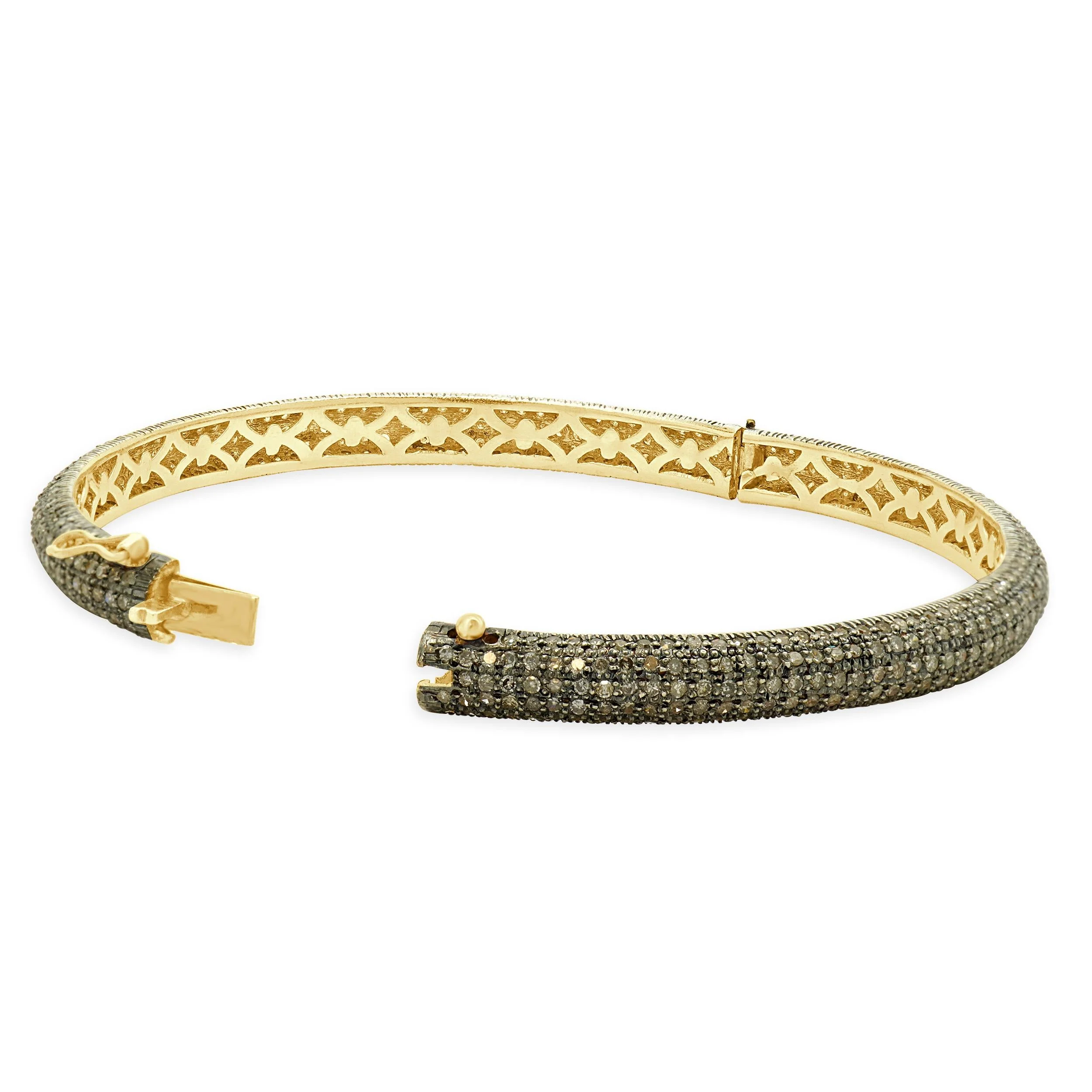 Sterling Silver & 14 Karat Yellow Gold Pave Diamond Bangle Bracelet - Image 4