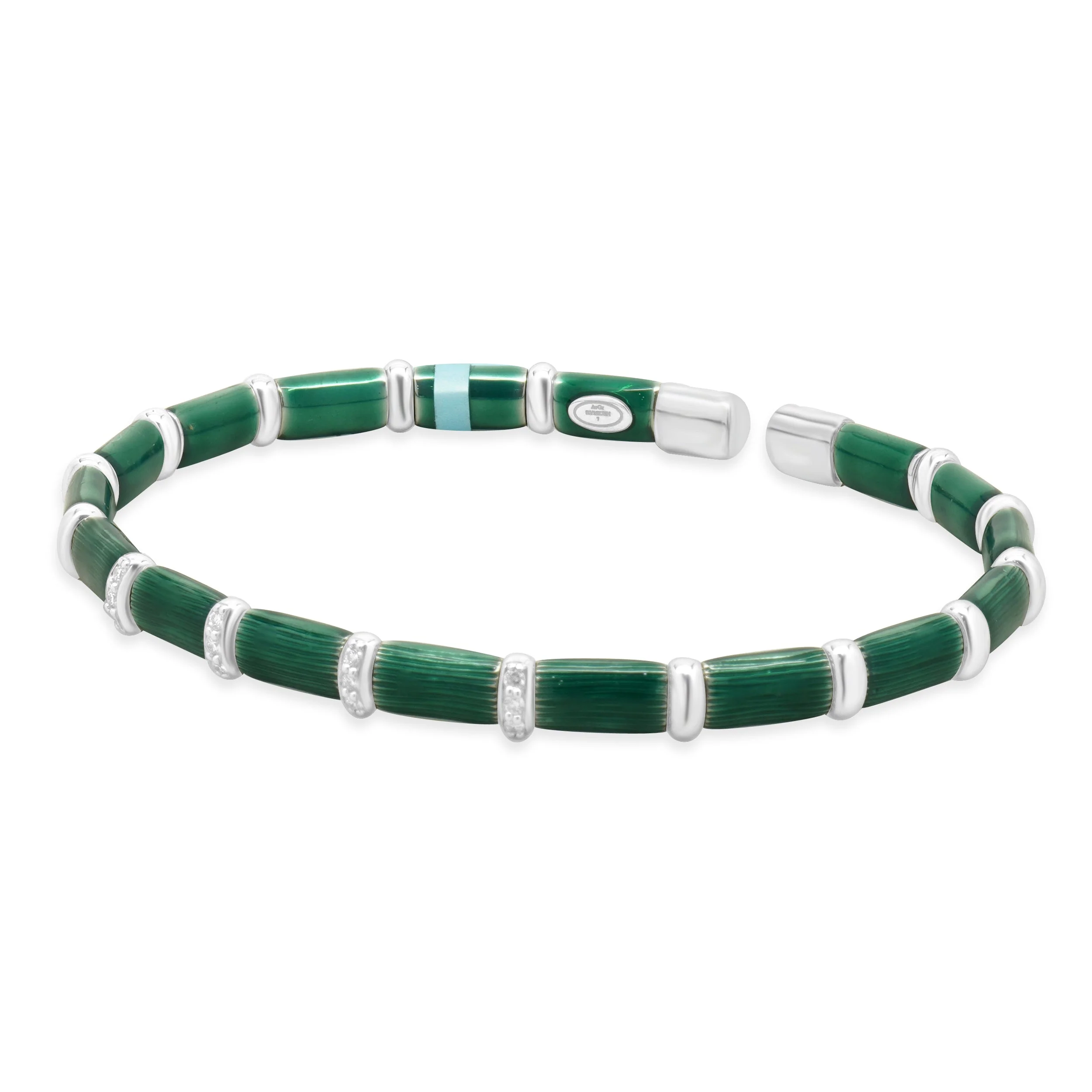 Sterling Silver & 18 Karat White Gold Green Enamel Bangle Bracelet - Image 2