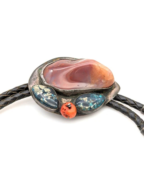 Sterling Silver Bloodstone Variscite Turquoise Coral Western Bolo Tie - Image 2