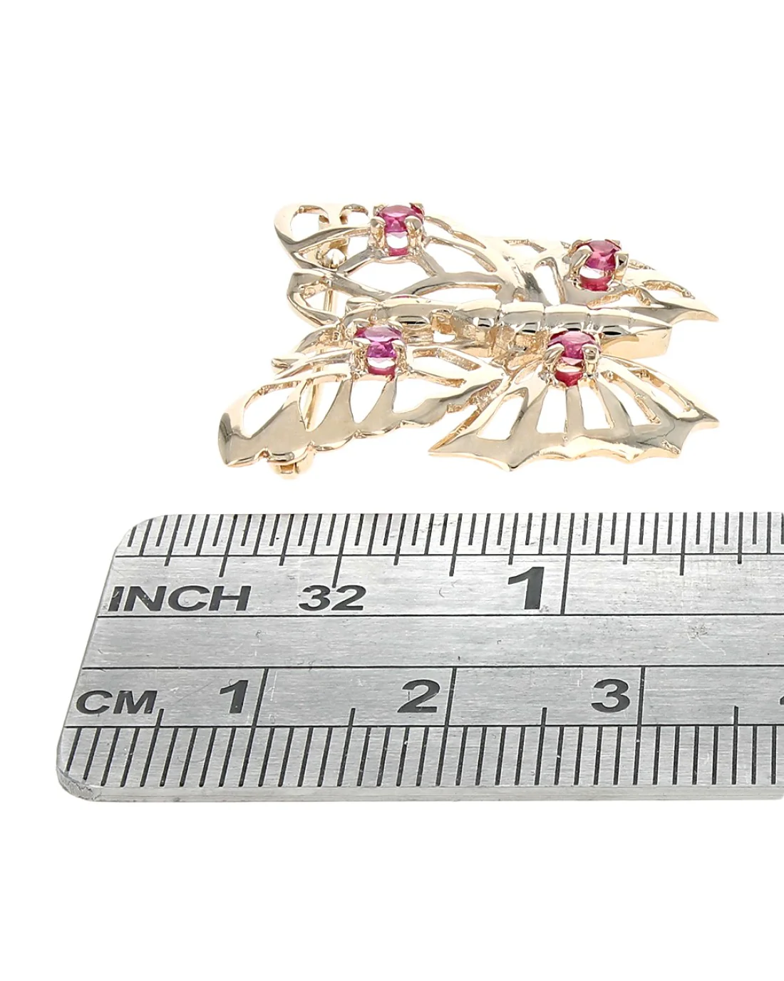 Synthetic Ruby Open Cut Butterfly Pin in Yellow Gold - Image 3