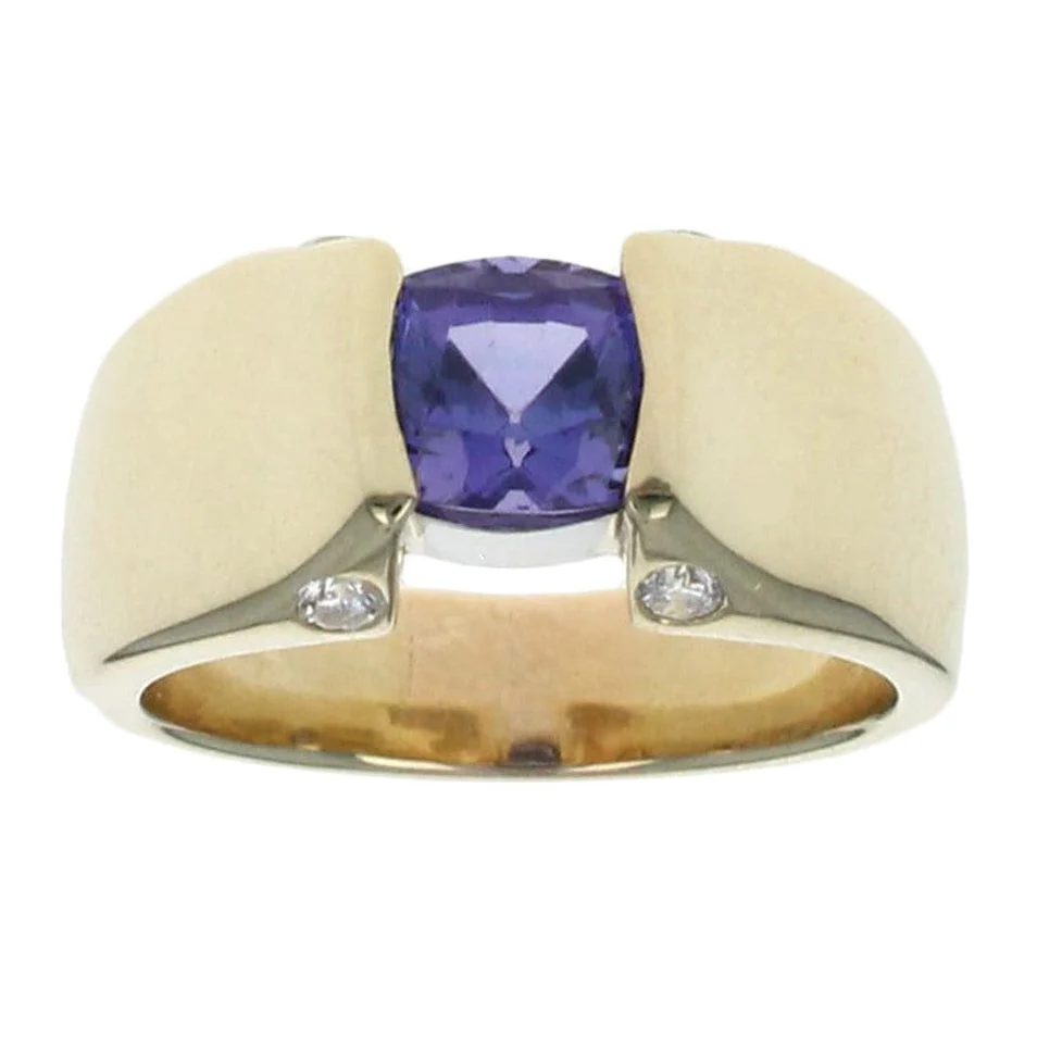 18K Yellow Gold and Platinum Cushion Tanzanite and Diamond Ring - Image 2