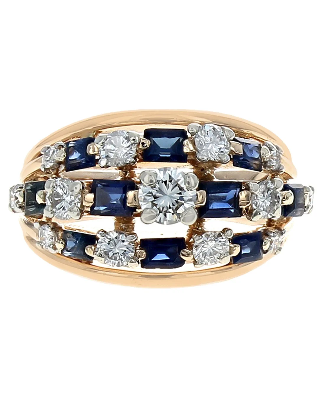 Three Row Alternating Diamond and Blue Sapphire Split Shank Ring in Yellow Gold - Image 2