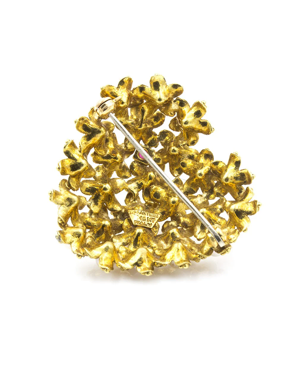 Tiffany & Co. Pearl and Ruby Flower Heart Pin in Yellow Gold - Image 2