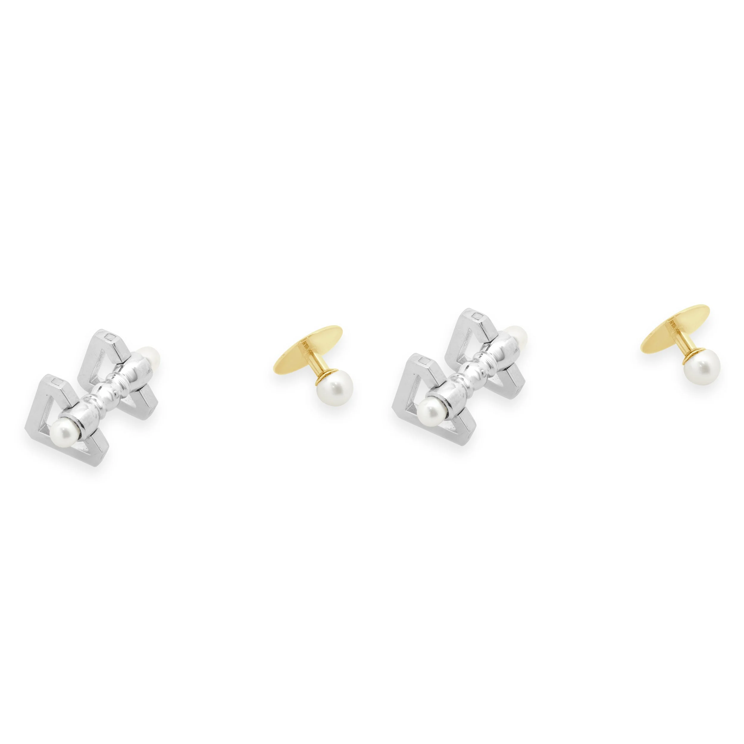 Tiffany & Co. Platinum Triangle Cufflinks and 18k Yellow Gold 5mm Pearl Studs Tuxedo Set - Image 4