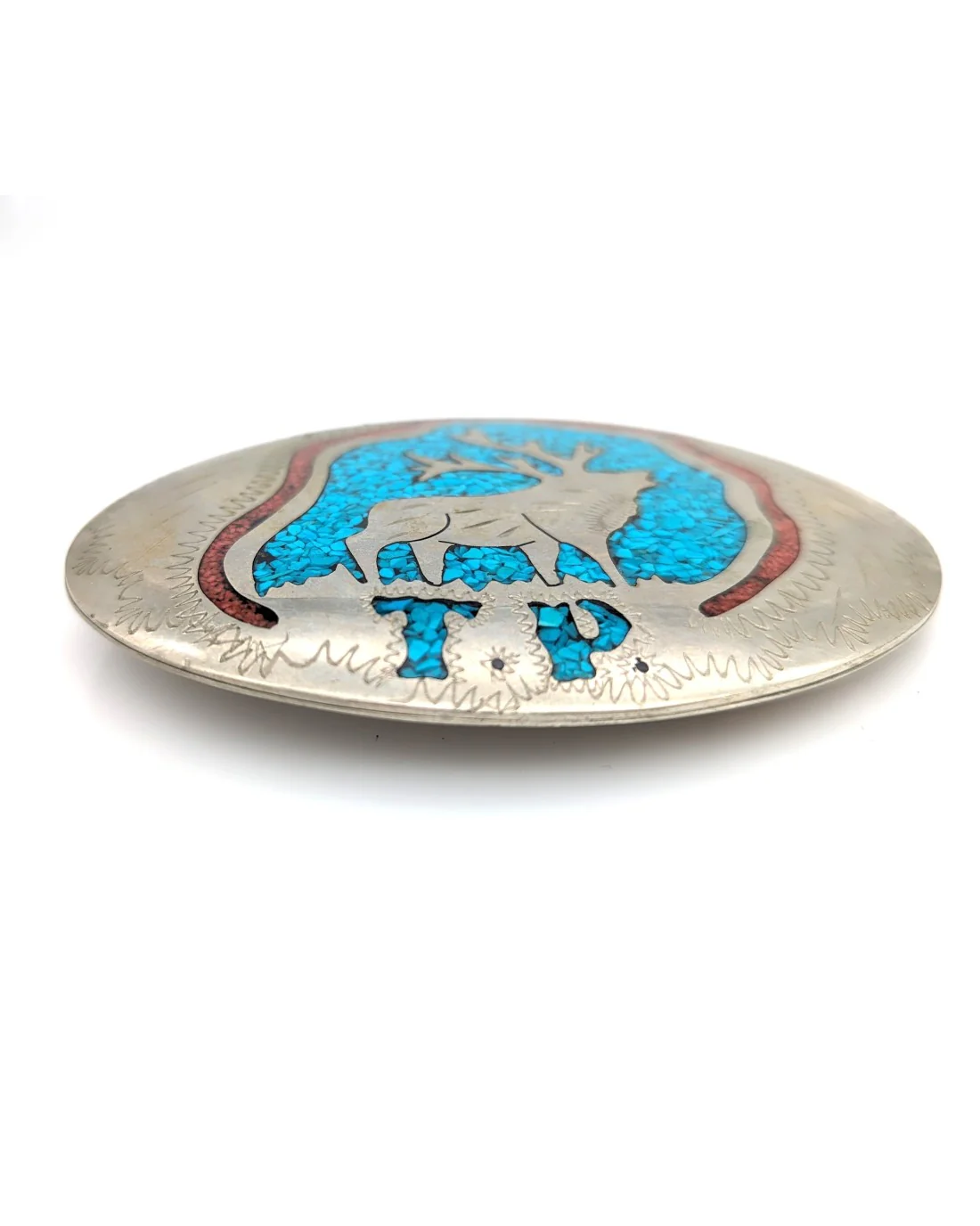 Turquoise & Coral Chip Inlay Elk Western Buckle - Image 2