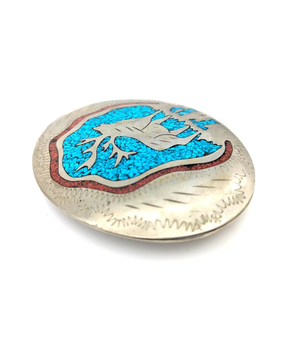Turquoise & Coral Chip Inlay Elk Western Buckle - Image 3