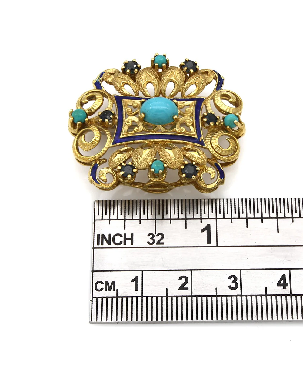 Turquoise, Sapphire and Blue Enamel Brooch Pin - Image 3