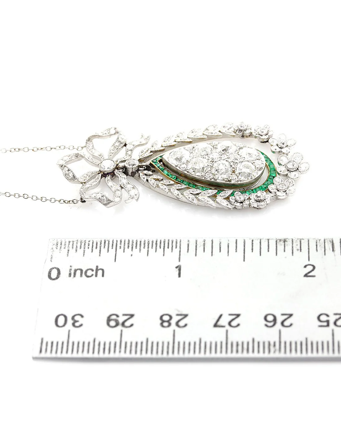 Vintage Diamond and Emerald Flower and Ribbon Drop Necklace - Image 2
