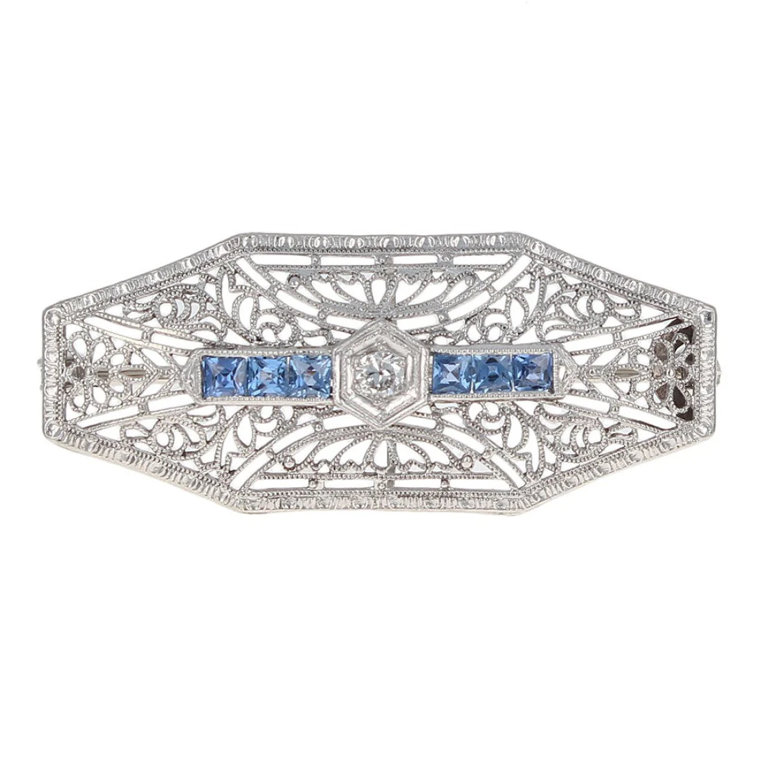 Vintage European Diamond and Sapphire Filigree Pin