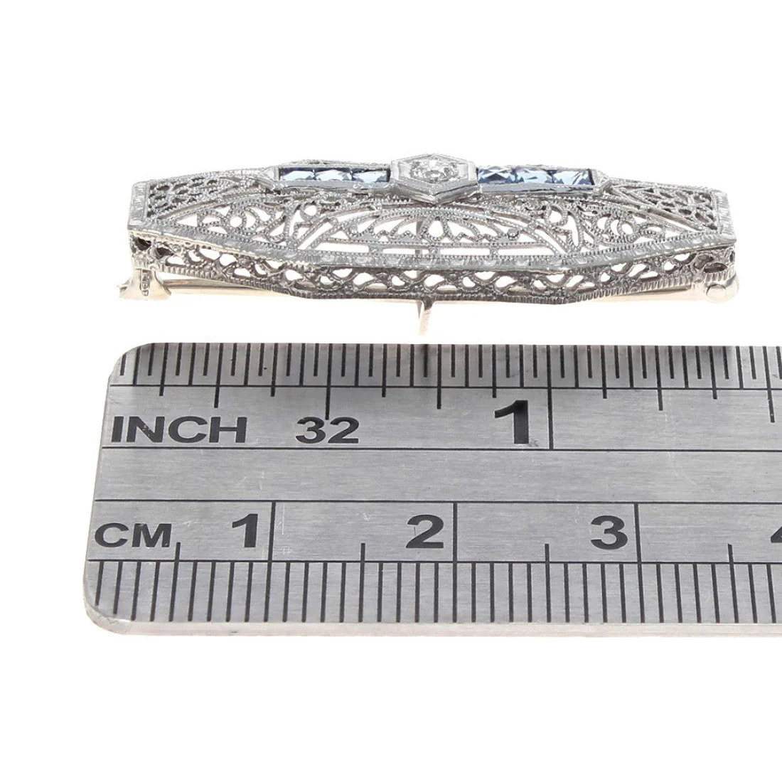 Vintage European Diamond and Sapphire Filigree Pin - Image 3