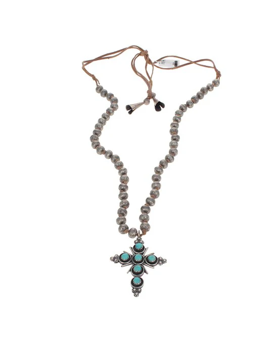 Zuni Sterling Silver Bead Turquoise & Coral Reversible Cross Necklace - Image 2