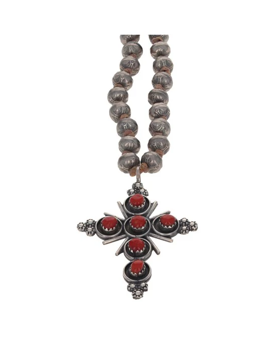 Zuni Sterling Silver Bead Turquoise & Coral Reversible Cross Necklace - Image 3